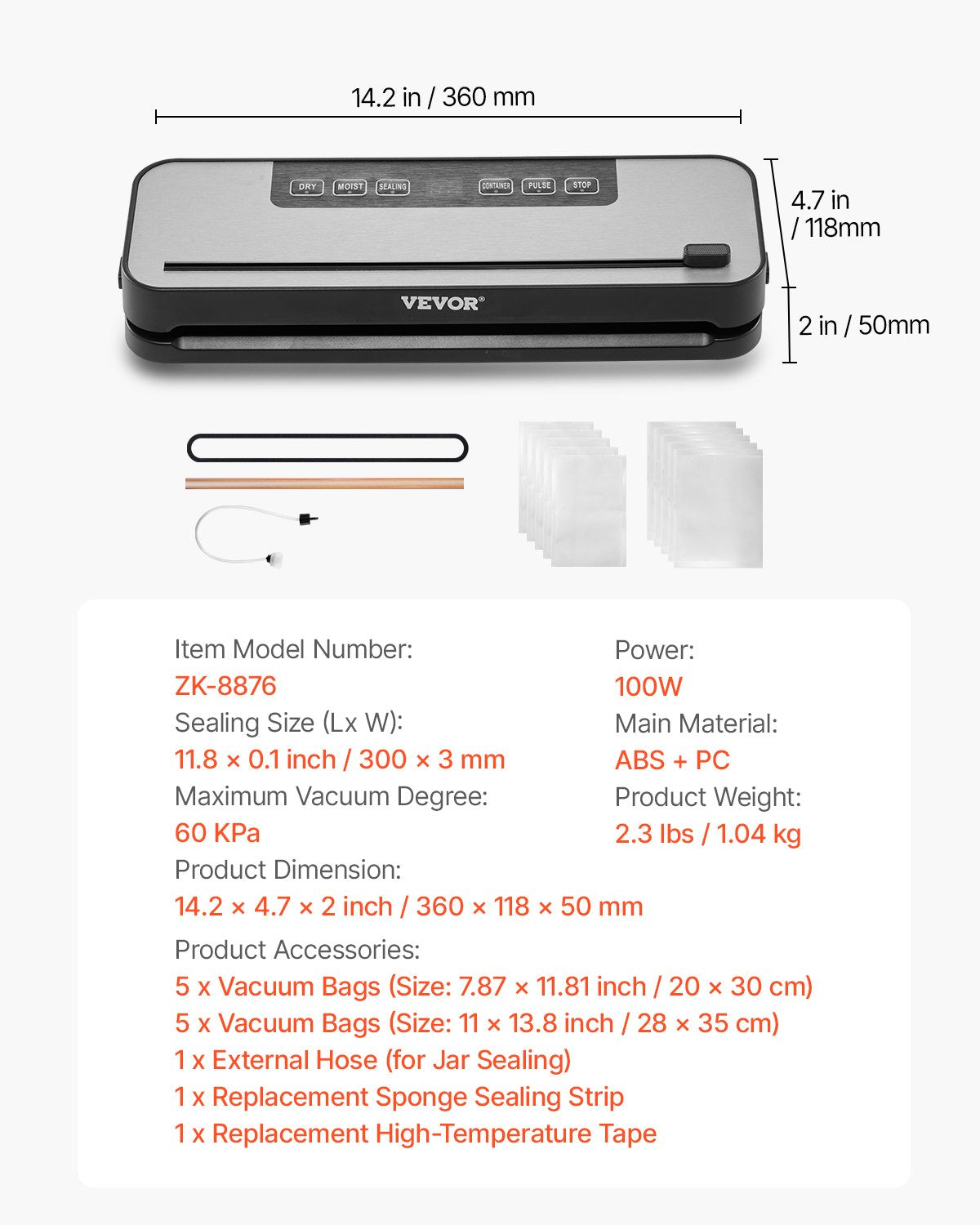 5-in-1 Vacuum Sealer Machine Fast Compact Automatic Food Saver 100W 10 Bag