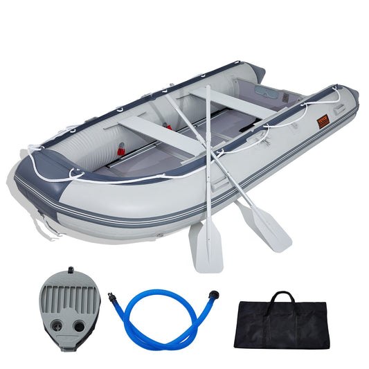Aufblasbares Schlauchboot, Heckboot für 6 Personen, mit Bootsboden aus Marineholz und verstellbarer Aluminiumbank, 1500 lbs aufblasbares Fischerbootfloß, Aluminiumruder, Luftpumpe und Tragetasche