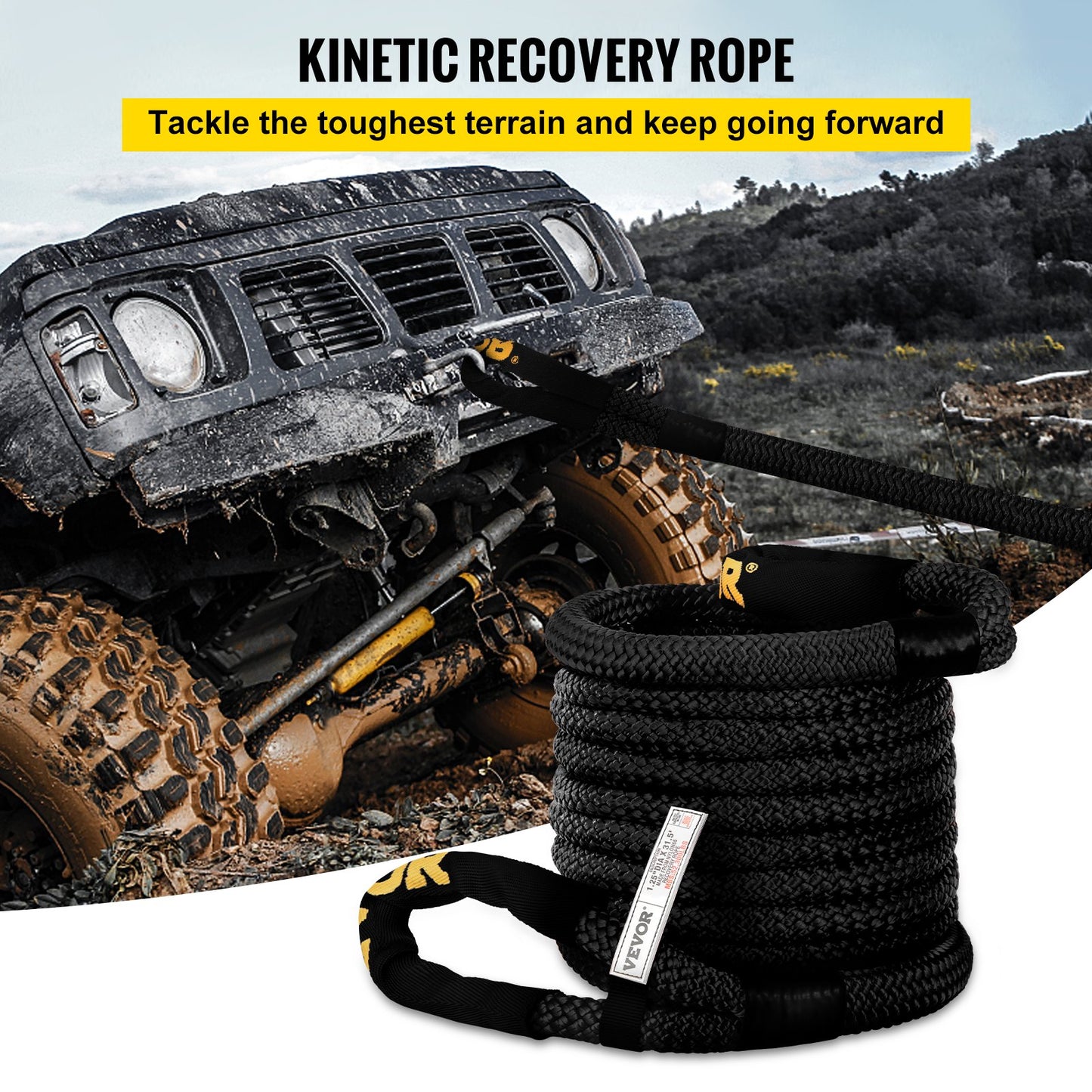 1-1/4" x 31,5" Kinetic Recovery & Bogserrep, 52 300 lbs, Heavy Duty Nylon Dubbelflätat Kinetic Energy Rope, för ATV UTV för lastbil terrängfordon, Bärväska ingår, Svart
