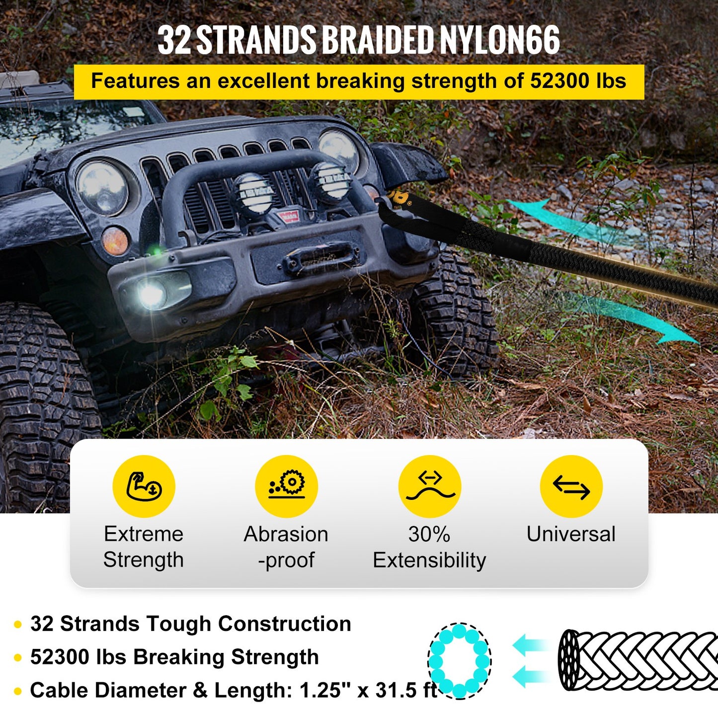 1-1/4" x 31,5" Kinetic Recovery & Bogserrep, 52 300 lbs, Heavy Duty Nylon Dubbelflätat Kinetic Energy Rope, för ATV UTV för lastbil terrängfordon, Bärväska ingår, Svart