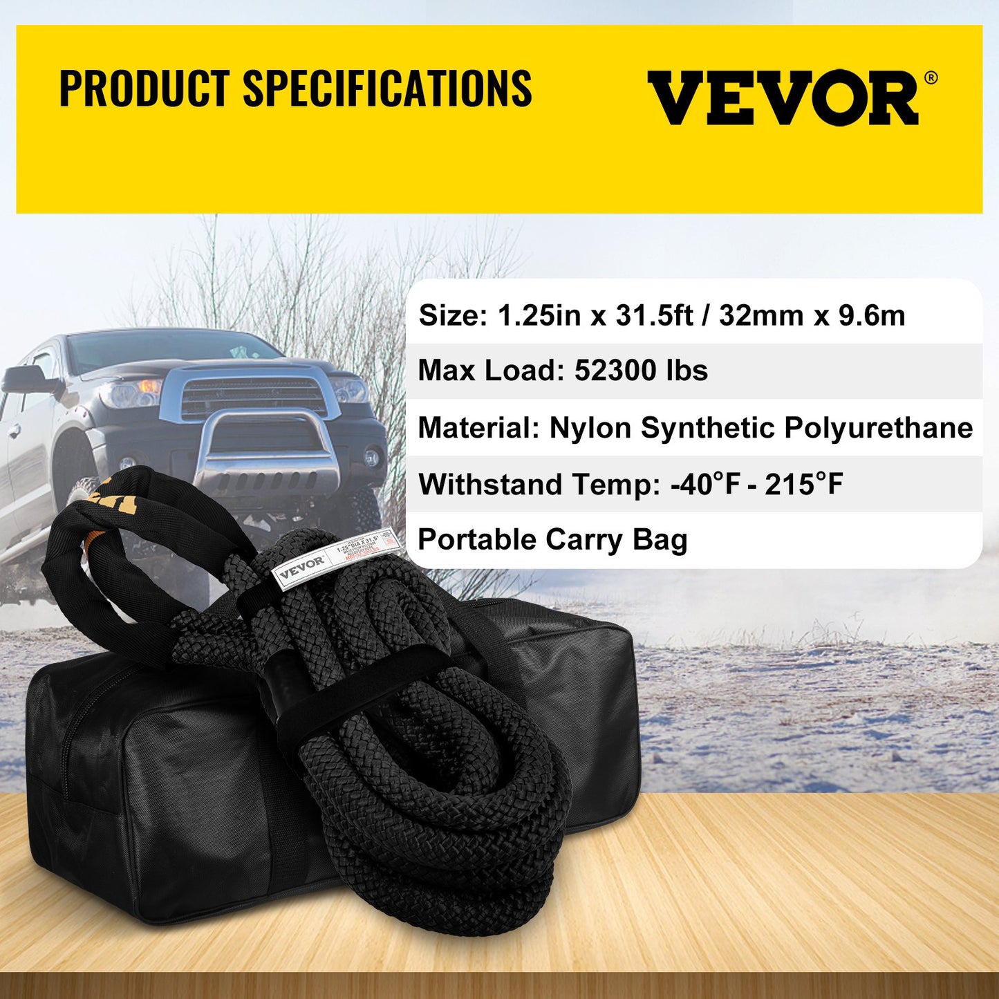 1-1/4" x 31,5" Kinetic Recovery & Bogserrep, 52 300 lbs, Heavy Duty Nylon Dubbelflätat Kinetic Energy Rope, för ATV UTV för lastbil terrängfordon, Bärväska ingår, Svart