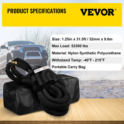 1-1/4" x 31,5" Kinetic Recovery & Bogserrep, 52 300 lbs, Heavy Duty Nylon Dubbelflätat Kinetic Energy Rope, för ATV UTV för lastbil terrängfordon, Bärväska ingår, Svart
