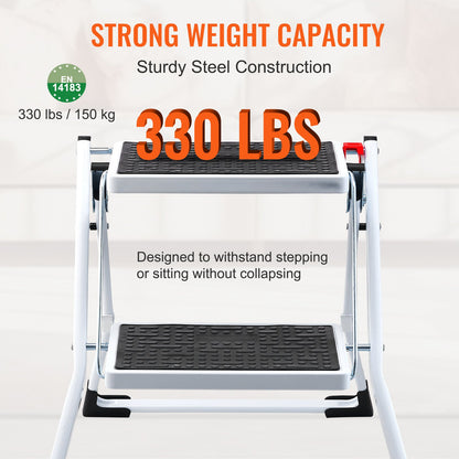 Trappstege 2-stegs 150 kg kapacitet, ergonomisk hopfällbar trapppall i stål med bred anti-halkpedal, robust trapppall för vuxna småbarn, mångsidig användning för hushåll, kök, kontor, husbilar