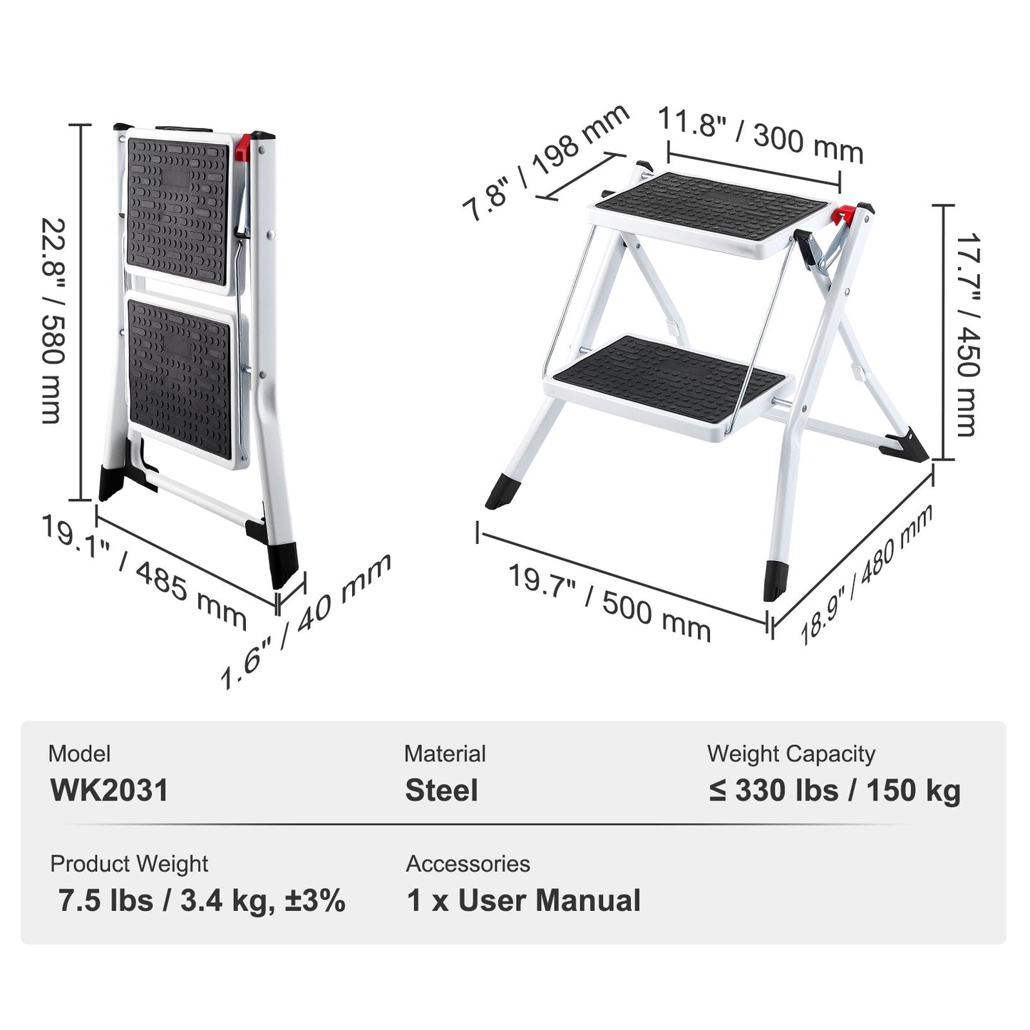 Trappstege 2-stegs 150 kg kapacitet, ergonomisk hopfällbar trapppall i stål med bred anti-halkpedal, robust trapppall för vuxna småbarn, mångsidig användning för hushåll, kök, kontor, husbilar