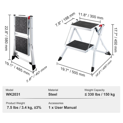 Trappstege 2-stegs 150 kg kapacitet, ergonomisk hopfällbar trapppall i stål med bred anti-halkpedal, robust trapppall för vuxna småbarn, mångsidig användning för hushåll, kök, kontor, husbilar