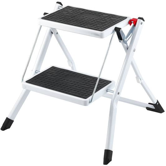 Trappstege 2-stegs 150 kg kapacitet, ergonomisk hopfällbar trapppall i stål med bred anti-halkpedal, robust trapppall för vuxna småbarn, mångsidig användning för hushåll, kök, kontor, husbilar