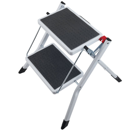 Trappstege 2-stegs 150 kg kapacitet, ergonomisk hopfällbar trapppall i stål med bred anti-halkpedal, robust trapppall för vuxna småbarn, mångsidig användning för hushåll, kök, kontor, husbilar