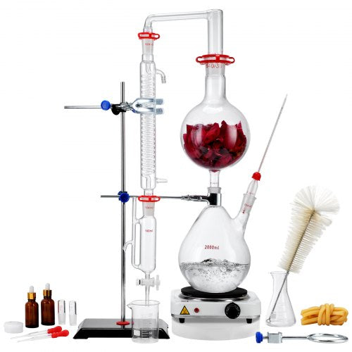 Essential Oil Destillation Kit, 2000 ml destillationsapparat, 3,3 Boro Lab Glassware Destillation Kit med 1000W värmeplatta och 24, 40 led, 28 st Set |  EU