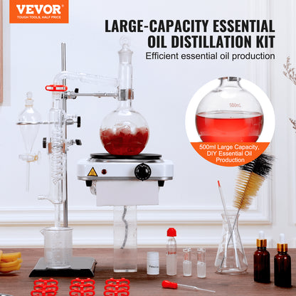 Essential Oil Destillation Kit, 500 ml destillationsapparat, 3,3 Boro Lab Glassware Destillation Kit med 1000W värmeplatta och 24, 40 led, 33 st Set