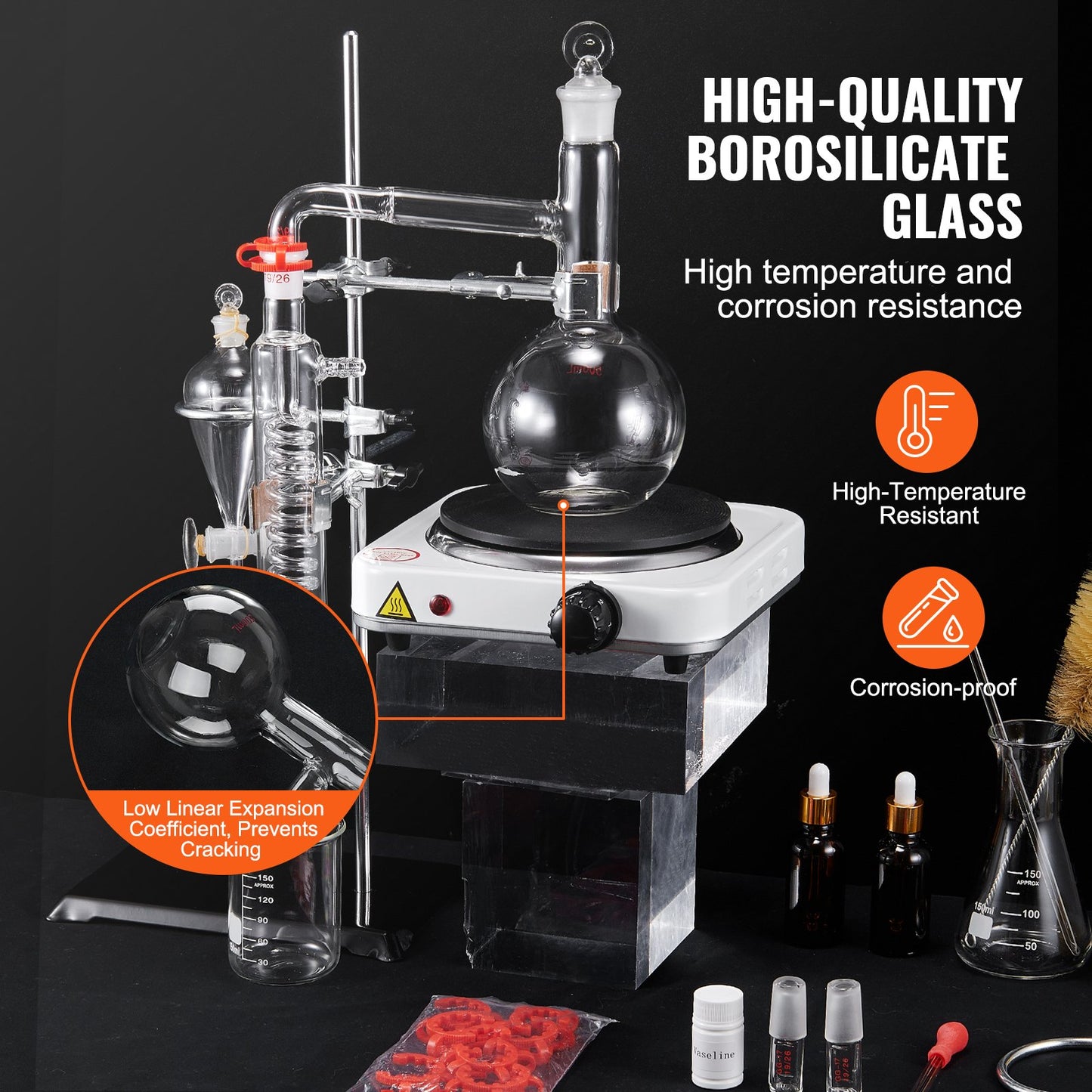 Essential Oil Destillation Kit, 500 ml destillationsapparat, 3,3 Boro Lab Glassware Destillation Kit med 1000W värmeplatta och 24, 40 led, 33 st Set