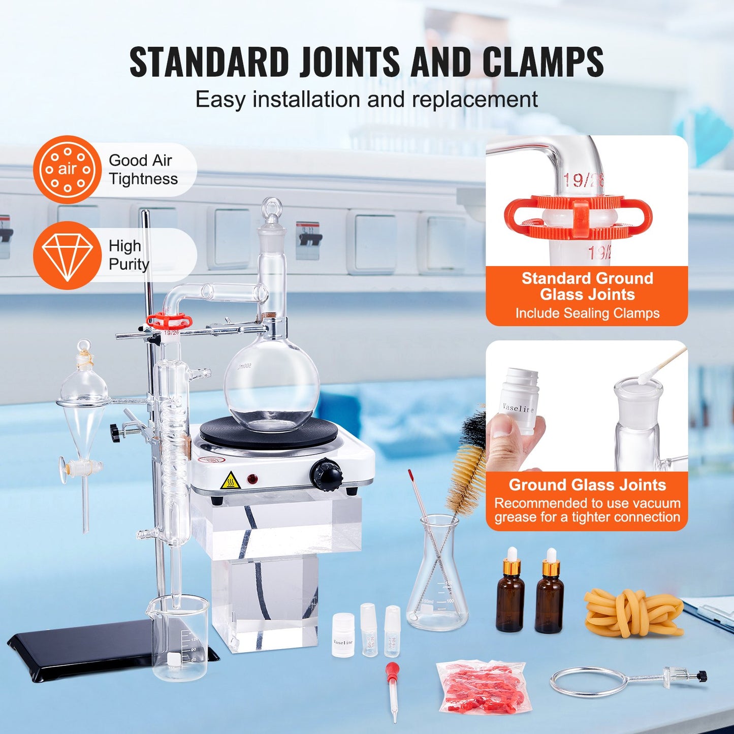 Essential Oil Destillation Kit, 500 ml destillationsapparat, 3,3 Boro Lab Glassware Destillation Kit med 1000W värmeplatta och 24, 40 led, 33 st Set