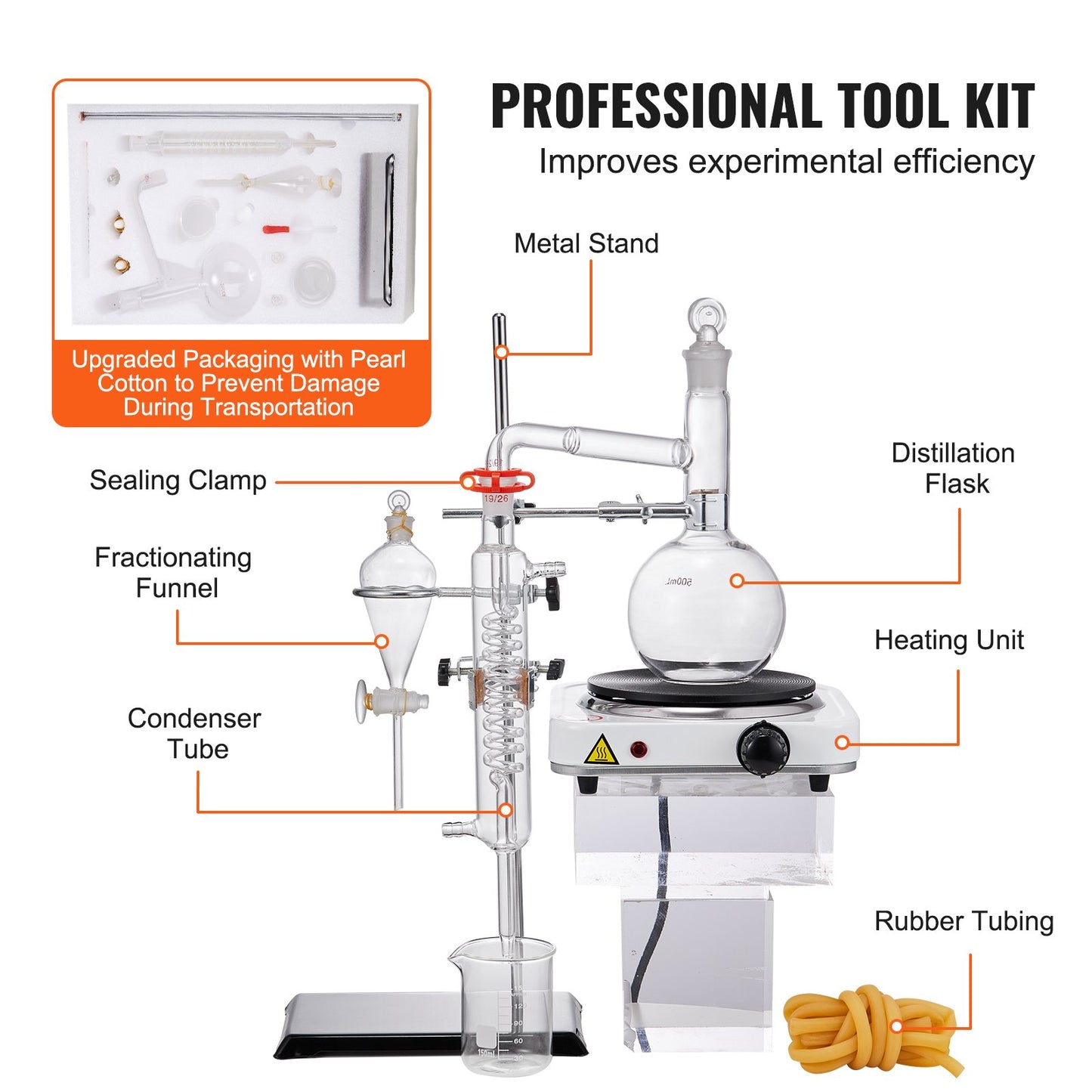 Essential Oil Destillation Kit, 500 ml destillationsapparat, 3,3 Boro Lab Glassware Destillation Kit med 1000W värmeplatta och 24, 40 led, 33 st Set