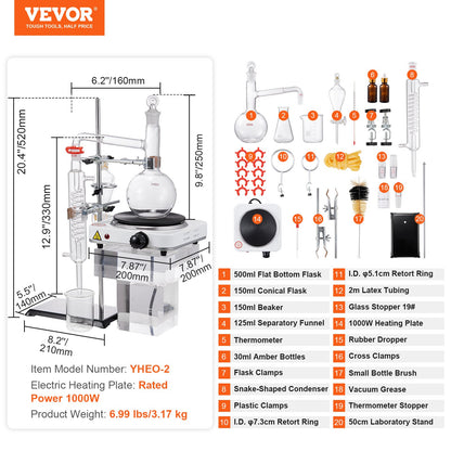 Essential Oil Destillation Kit, 500 ml destillationsapparat, 3,3 Boro Lab Glassware Destillation Kit med 1000W värmeplatta och 24, 40 led, 33 st Set