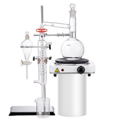 Essential Oil Destillation Kit, 500 ml destillationsapparat, 3,3 Boro Lab Glassware Destillation Kit med 1000W värmeplatta och 24, 40 led, 33 st Set