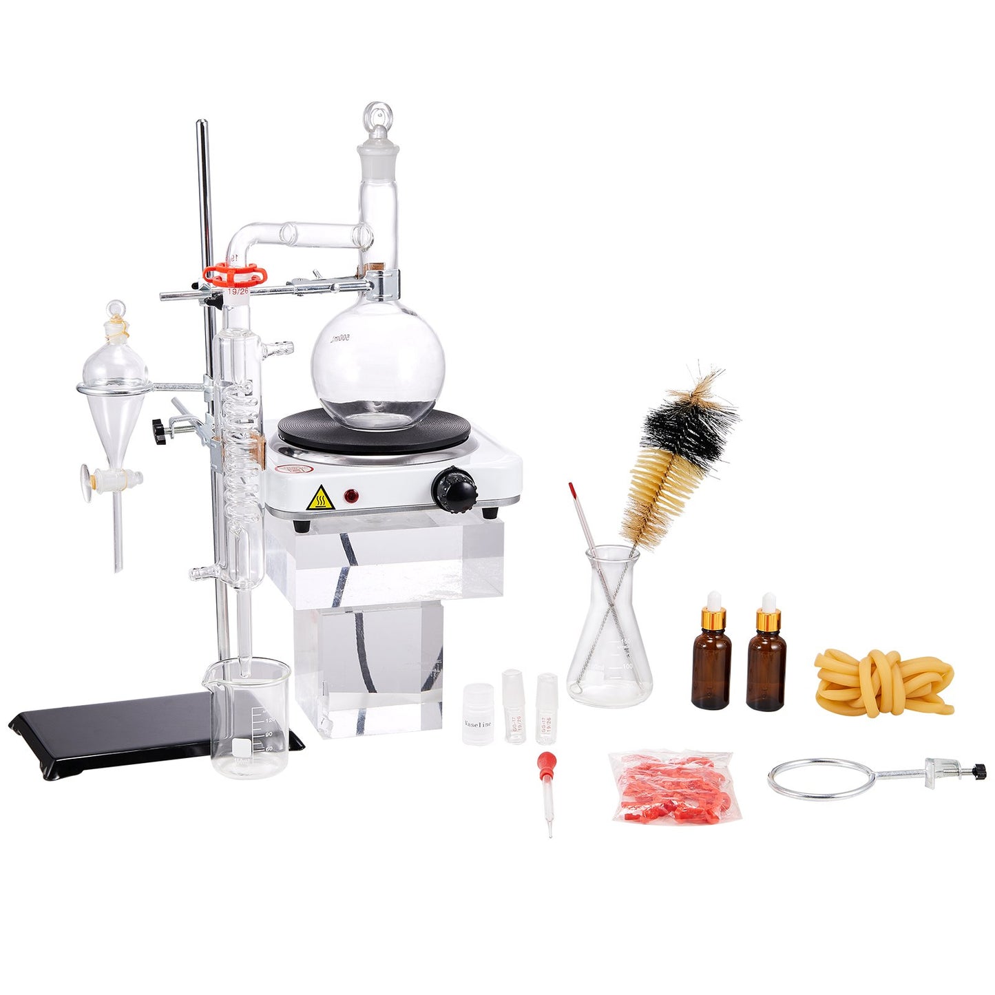 Essential Oil Destillation Kit, 500 ml destillationsapparat, 3,3 Boro Lab Glassware Destillation Kit med 1000W värmeplatta och 24, 40 led, 33 st Set