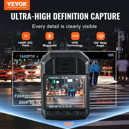1440P Police Body Camera 64G Body Cam med 2850 mAh batteri Night Vision