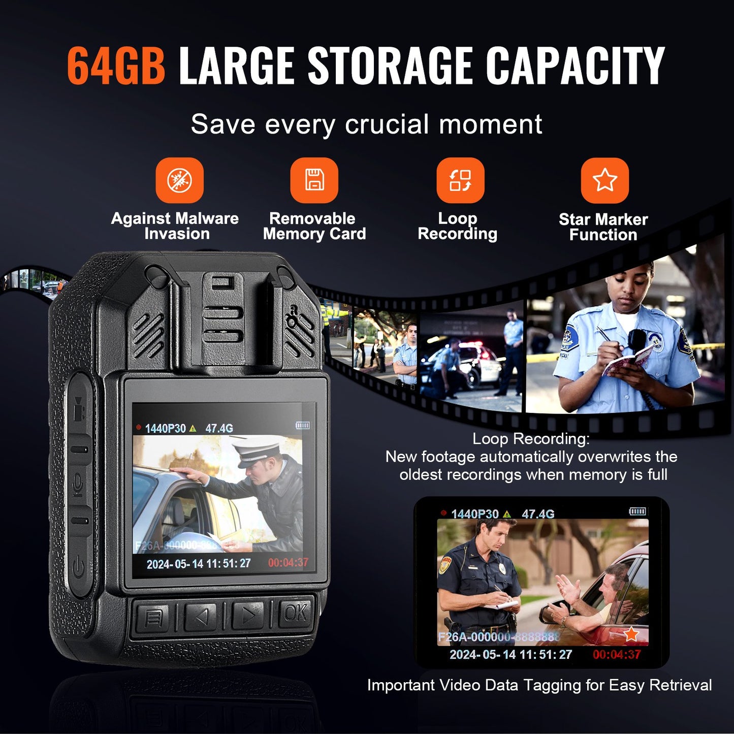 1440P Police Body Camera 64G Body Cam med 2850 mAh batteri Night Vision