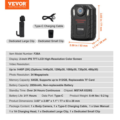 1440P Police Body Camera 64G Body Cam med 2850 mAh batteri Night Vision