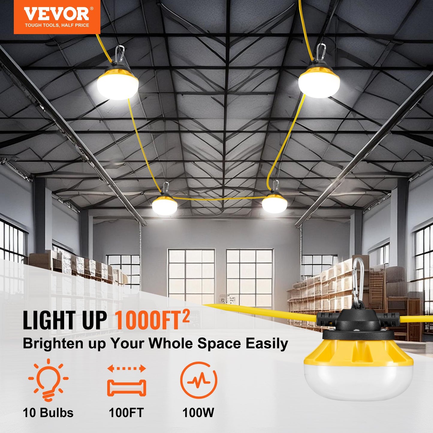 100FT Construction String Lights 100W 10000LM Pluggable Waterproof