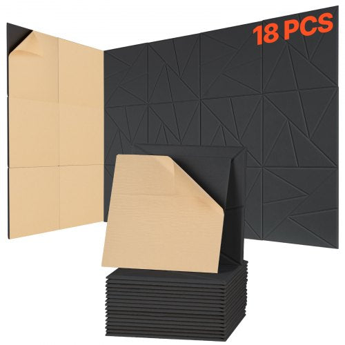 18-pack akustiska väggpaneler 28 x 28 x 1,8 cm självhäftande svarta |  EU