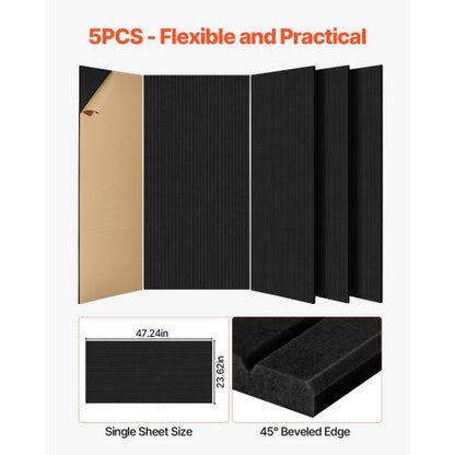 5-pack akustiska väggpaneler 47,2 x 23,6 x 0,4 tum självhäftande svarta |  EU