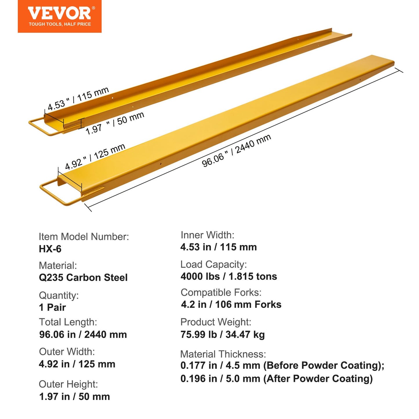 Pallgaffelförlängningar, 96" längd 4,5" bredd, kraftiga kolstålgaffelförlängningar för gaffeltruckar, 1 par gaffelförlängningar, industriella gaffelgaffelfästen för gaffeltruck, gul