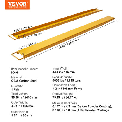 Pallgaffelförlängningar, 96" längd 4,5" bredd, kraftiga kolstålgaffelförlängningar för gaffeltruckar, 1 par gaffelförlängningar, industriella gaffelgaffelfästen för gaffeltruck, gul