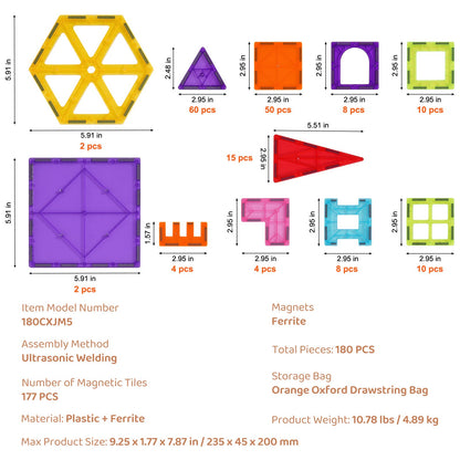 Magnetiska plattor Magnetisk byggleksak 180 ST Magnetblock för barn 3D-set