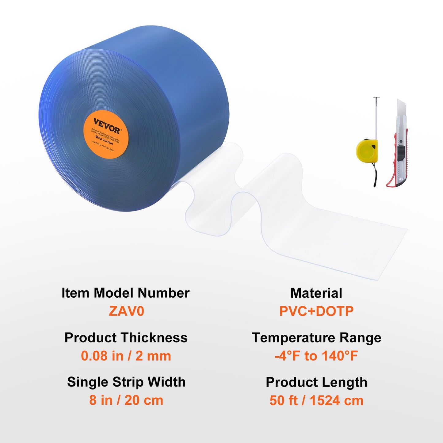 Strip Curtain PVC Door Curtain 50' x 8" Roll Cooler Freezer Clear Plastic