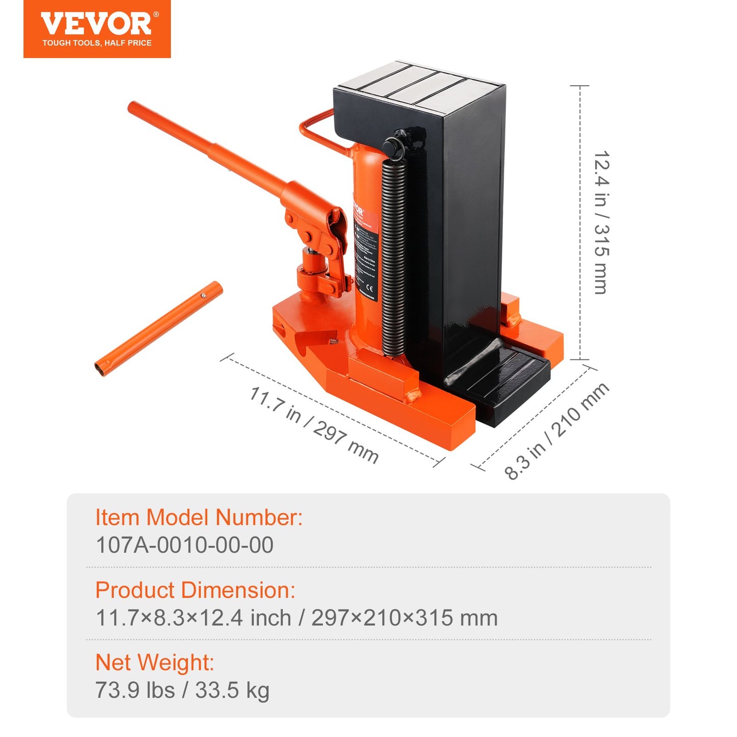 Hydraulisk tåjack, 10 ton på tå-tå-jacklyft, 20 ton på topplyftkapacitet maskinjack, 1,2-7,5 i tåhöjd, 12,6-18,9 i topphöjd, lufthydraulisk klojack för maskiner, industri