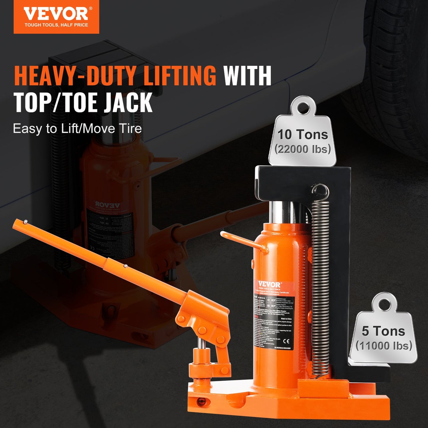 Hydraulisk tåjack, 5 ton på tå tå-jacklyft, 10 ton på topplyftkapacitet maskinjack, 0,8-6,8 i tåhöjd, 11,3-17,3 i topphöjd, lufthydraulisk klojack för maskiner, industri