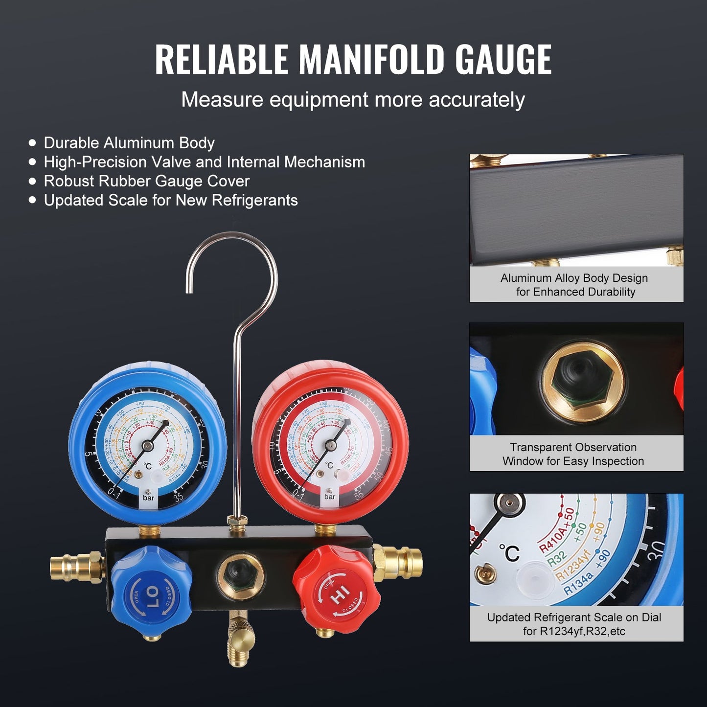 1/5 HP 3.5 CFM AC Vacuum Pump and Gauge Kit, Single Stage Rotary Vane HVAC Air Vacuum Pump A/C Refrigerant Kit Manifold Gauge Kit, with Tri-Color Hose Carrying Case, Applicable to R134a, R1234yf
