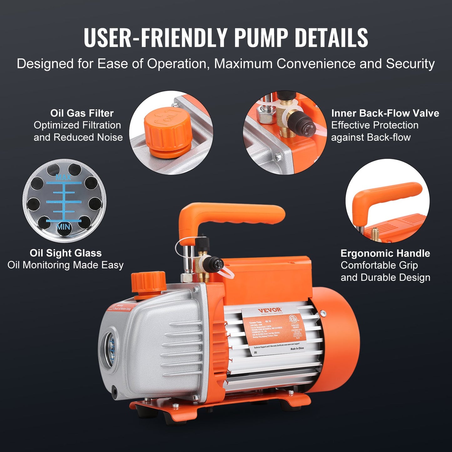 1/5 HP 3.5 CFM AC Vacuum Pump and Gauge Kit, Single Stage Rotary Vane HVAC Air Vacuum Pump A/C Refrigerant Kit Manifold Gauge Kit, with Tri-Color Hose Carrying Case, Applicable to R134a, R1234yf