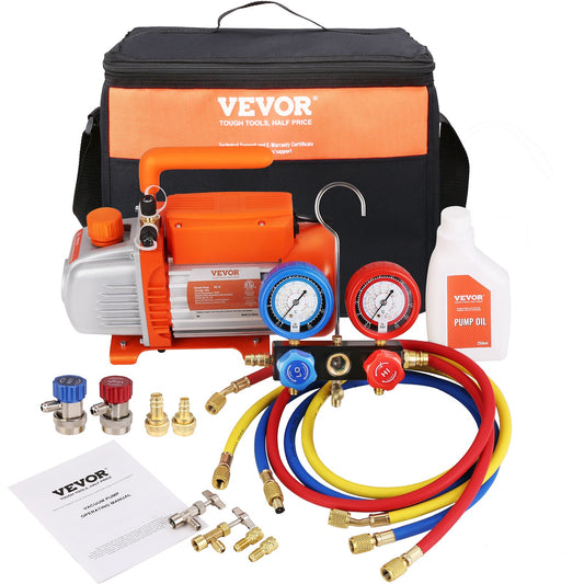 1/5 HP 3.5 CFM AC Vacuum Pump and Gauge Kit, Single Stage Rotary Vane HVAC Air Vacuum Pump A/C Refrigerant Kit Manifold Gauge Kit, with Tri-Color Hose Carrying Case, Applicable to R134a, R1234yf