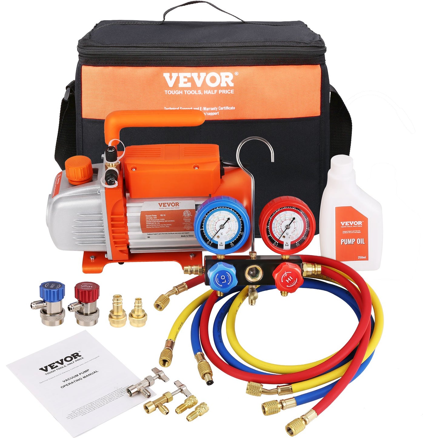1/5 HP 3.5 CFM AC Vacuum Pump and Gauge Kit, Single Stage Rotary Vane HVAC Air Vacuum Pump A/C Refrigerant Kit Manifold Gauge Kit, with Tri-Color Hose Carrying Case, Applicable to R134a, R1234yf