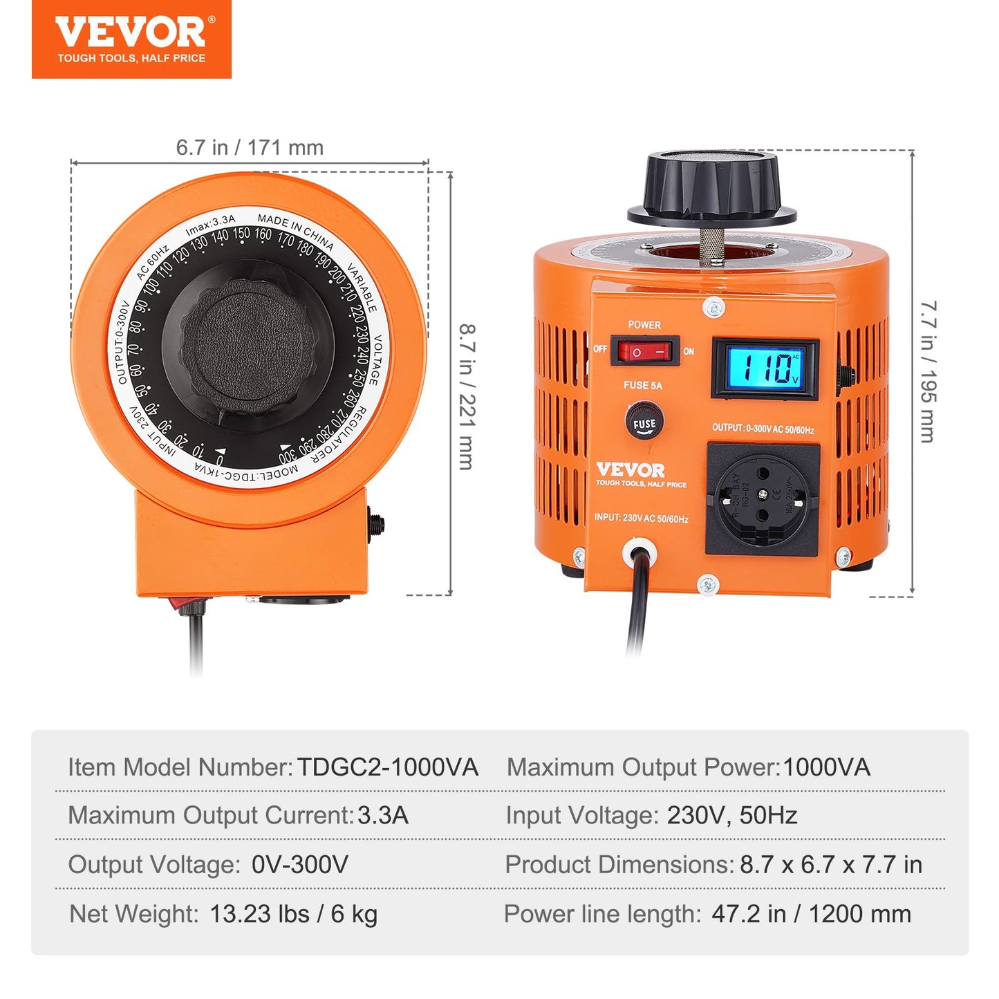 1000VA Variable Voltage Transformer 3.3A 0-300V Voltage Regulator LCD CE