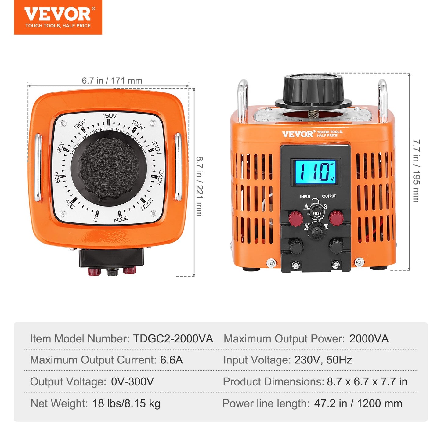2000VA Variable Voltage Transformer 6.6A 0-300V Voltage Regulator LCD CE