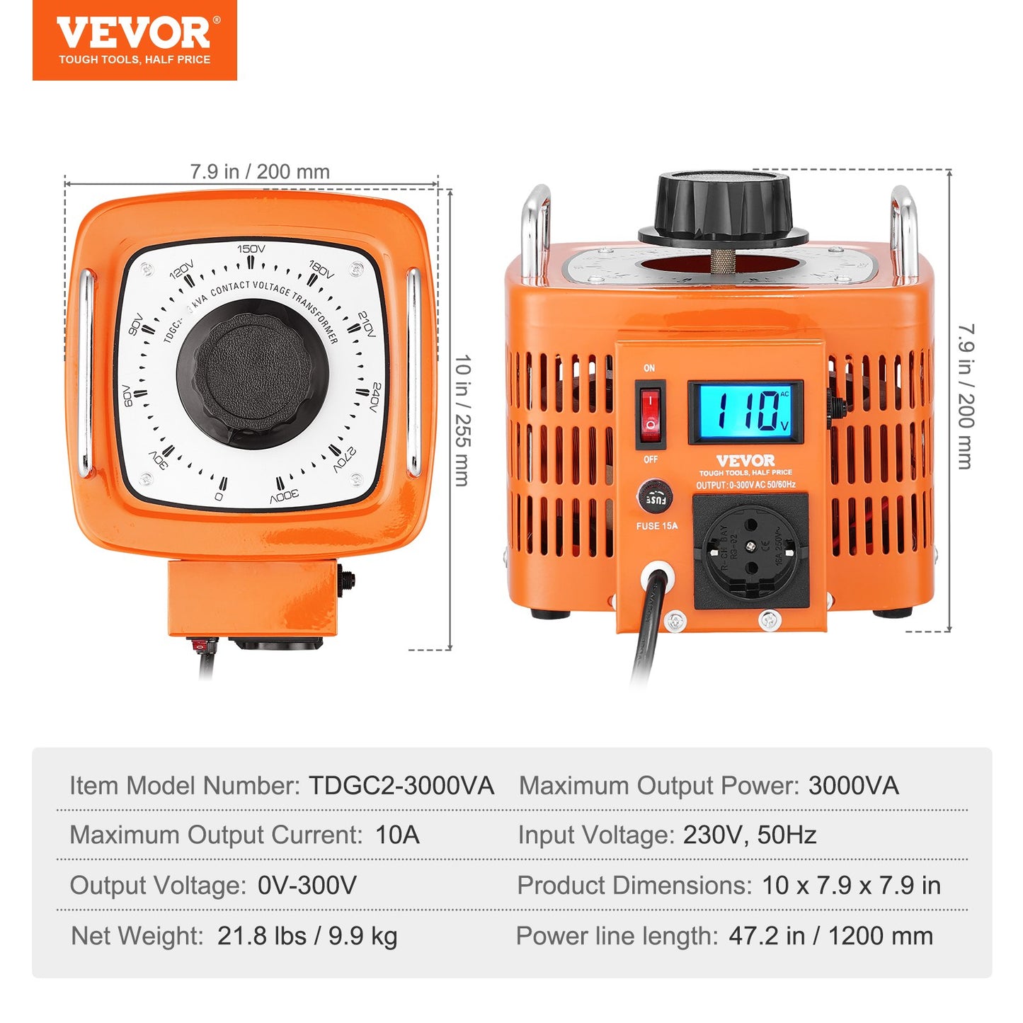 3000VA Variable Voltage Transformer 10A 0-300V Voltage Regulator LCD CE