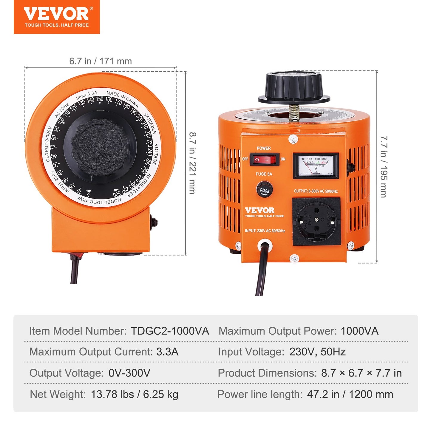 1000VA Transformator för variabel spänning 3,3A 0-300V AC spänningsregulator CE