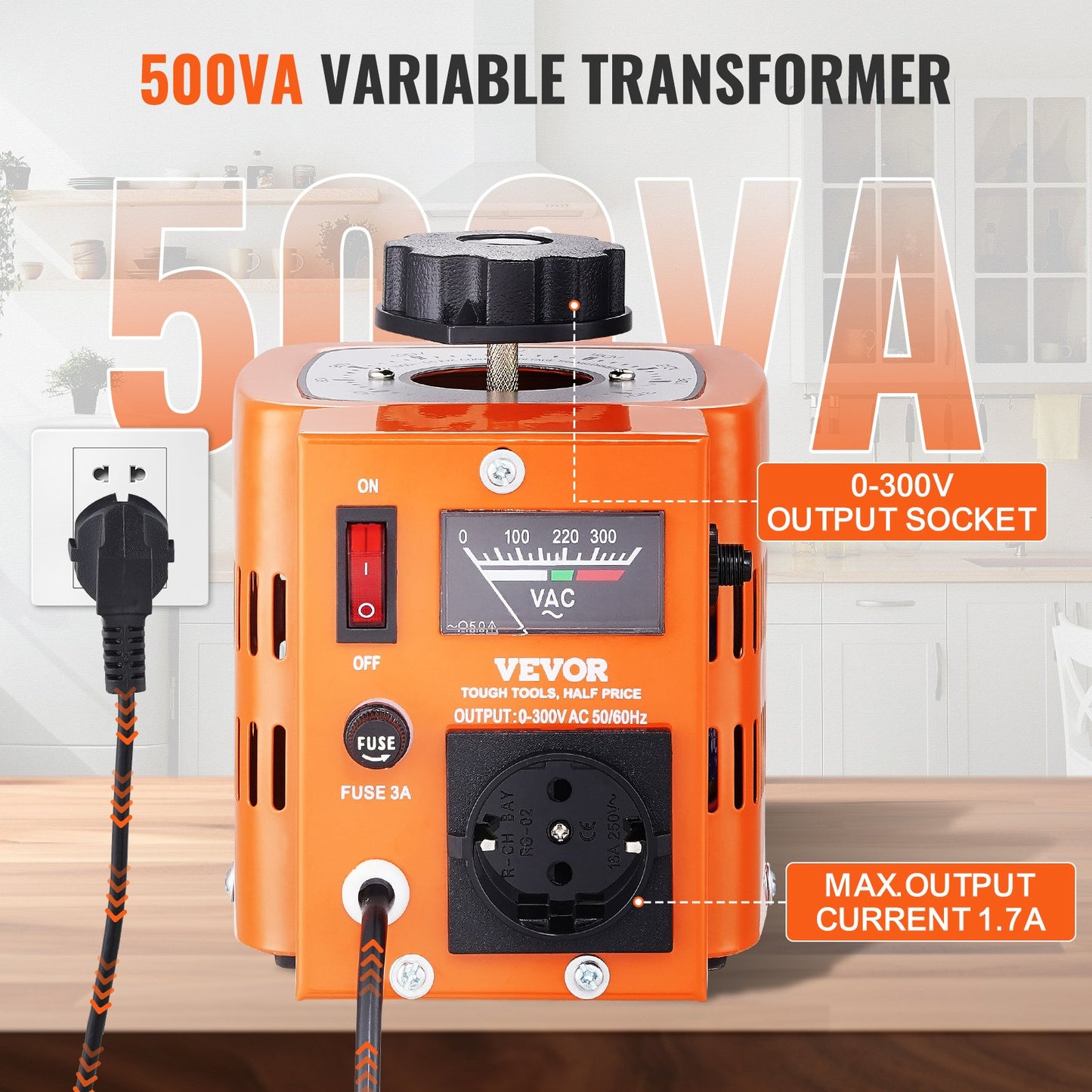 500VA Transformator för variabel spänning 1,7A 0-300V AC spänningsregulator CE
