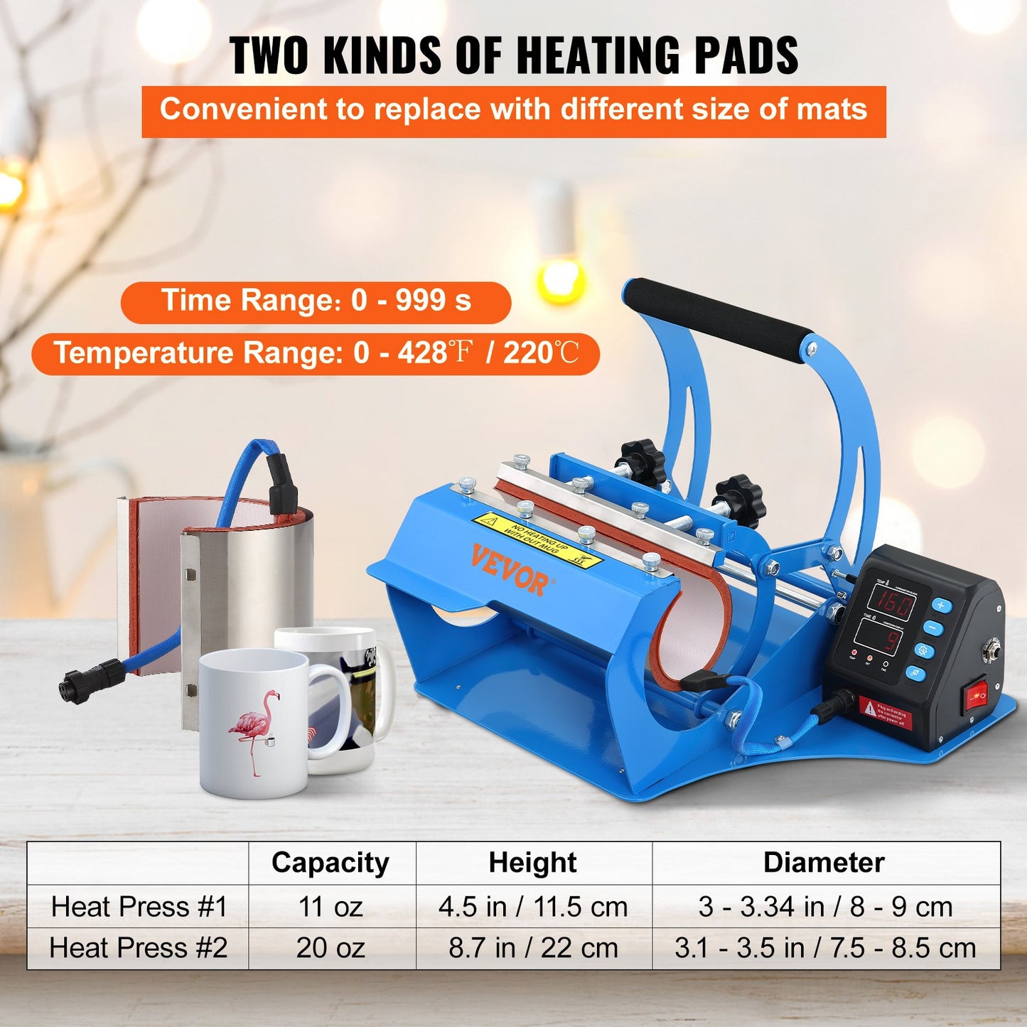 Tassen-Hitzepresse, 11 oz/11,5 cm und 20 oz/22 cm, zwei Platten, LCD-Tassenpresse mit abnehmbaren Transfer-Sublimationsmatten, DIY-Presse für schmale Kaffeetassen, Kieselgeldruck, Blau