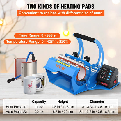 Tassen-Hitzepresse, 11 oz/11,5 cm und 20 oz/22 cm, zwei Platten, LCD-Tassenpresse mit abnehmbaren Transfer-Sublimationsmatten, DIY-Presse für schmale Kaffeetassen, Kieselgeldruck, Blau