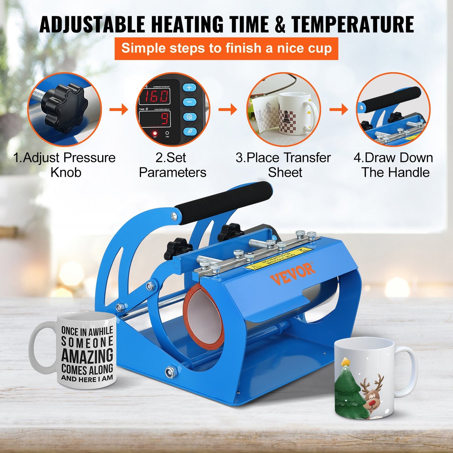 Tassen-Hitzepresse, 11 oz/11,5 cm und 20 oz/22 cm, zwei Platten, LCD-Tassenpresse mit abnehmbaren Transfer-Sublimationsmatten, DIY-Presse für schmale Kaffeetassen, Kieselgeldruck, Blau