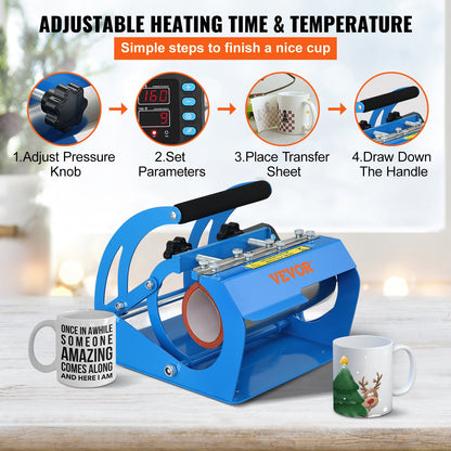Tassen-Hitzepresse, 11 oz/11,5 cm und 20 oz/22 cm, zwei Platten, LCD-Tassenpresse mit abnehmbaren Transfer-Sublimationsmatten, DIY-Presse für schmale Kaffeetassen, Kieselgeldruck, Blau