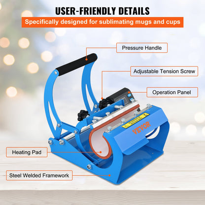 Tassen-Hitzepresse, 11 oz/11,5 cm und 20 oz/22 cm, zwei Platten, LCD-Tassenpresse mit abnehmbaren Transfer-Sublimationsmatten, DIY-Presse für schmale Kaffeetassen, Kieselgeldruck, Blau