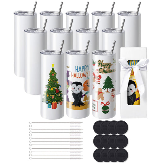 12-pack raka sublimeringsglas, 591,5 ml Blank tumbler Bulk, rostfritt stål dubbelväggiga glaskoppar med sugrör, lock, borste, bas, krympplast, presentförpackning, för värmepress och värmeöverföring