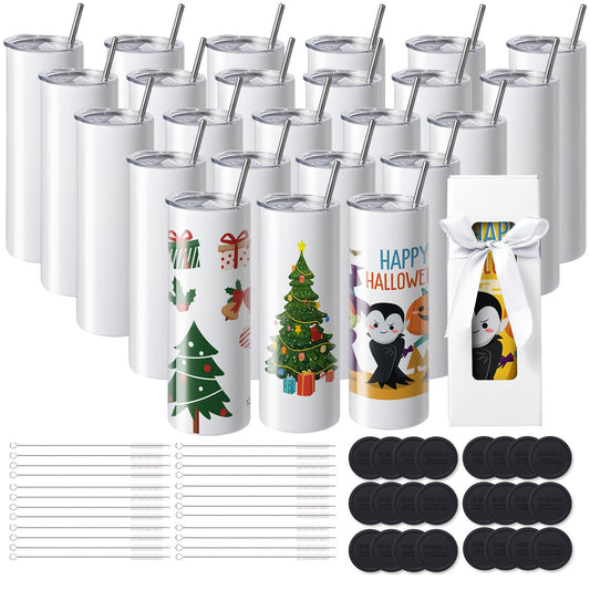 24-pack straight sublimation tumblers, 591.5 ml Blank tumbler Bulk, stainless steel double wall tumbler with straw, lid, brush, base, shrink wrap, gift box, for heat press and heat transfer