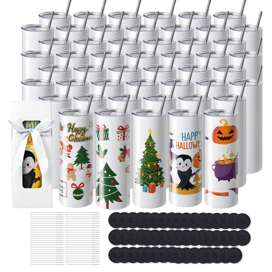 50-pack raka sublimeringsglas, 20 oz blank tumlare, rostfritt stål med dubbla väggar med sugrör, lock, borste, bas, krympplast, presentförpackning, för värmepress och värmeöverföring