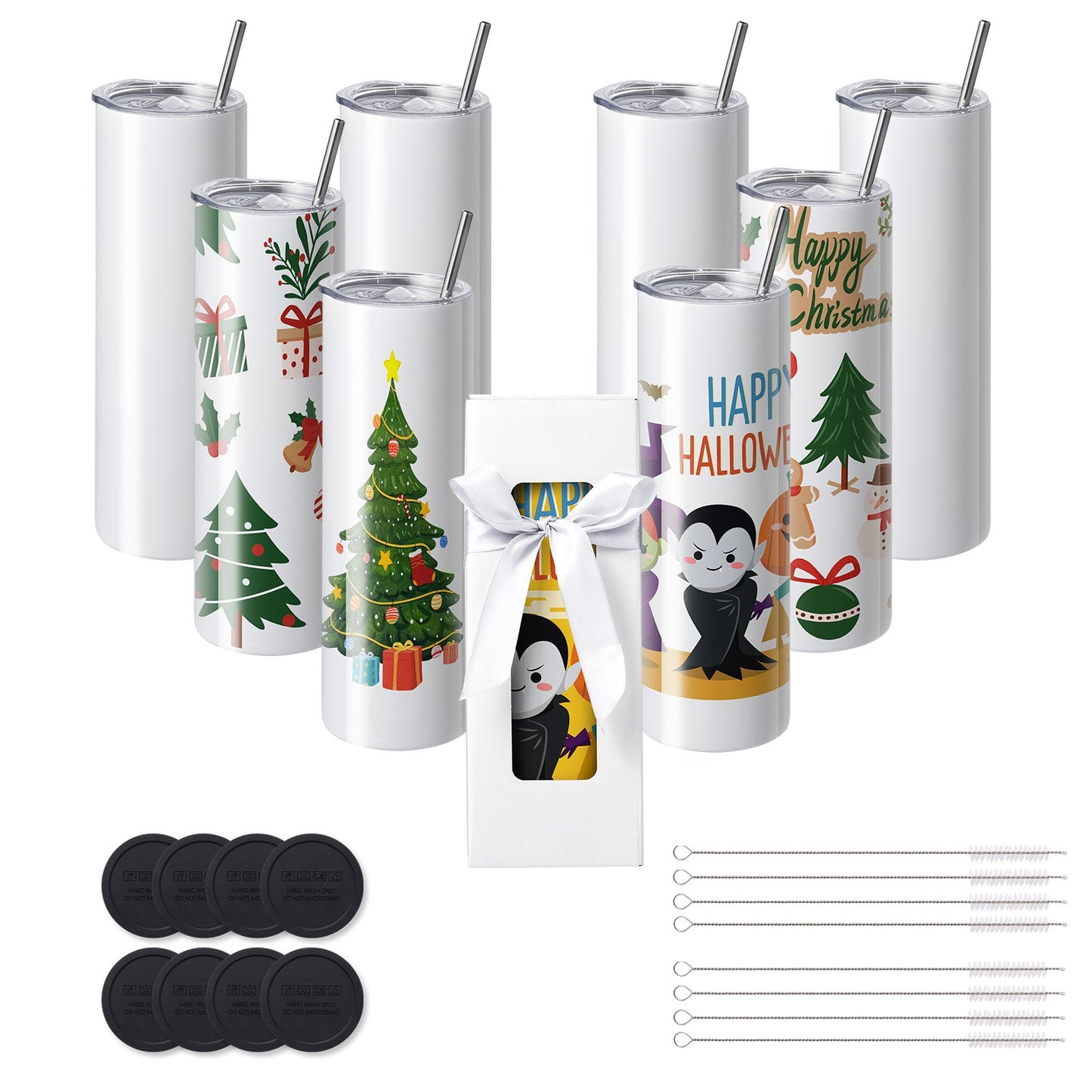 8-pack raka sublimeringsglas, 30 oz blank tumlare, rostfritt stål med dubbla väggar med sugrör, lock, borste, bas, krympplast, presentförpackning, för värmepress och värmeöverföring