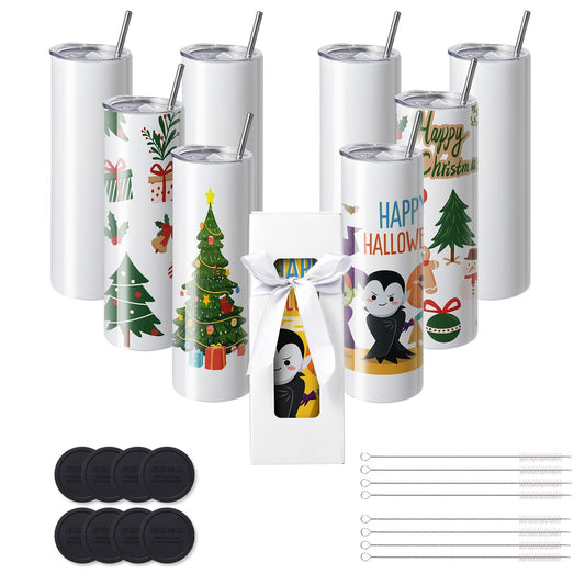 8-pack raka sublimeringsglas, 30 oz blank tumlare, rostfritt stål med dubbla väggar med sugrör, lock, borste, bas, krympplast, presentförpackning, för värmepress och värmeöverföring